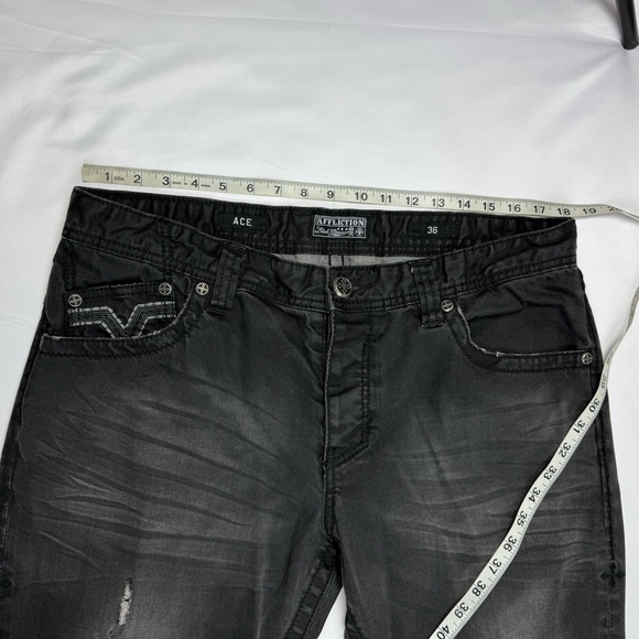 Affliction Mens Ace Jeans 36 x 30 Black/Grey Faded Embroidered Flap Pockets B5 - Picture 9 of 11